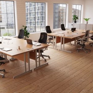 office scene with cantilever leg frame office desks.