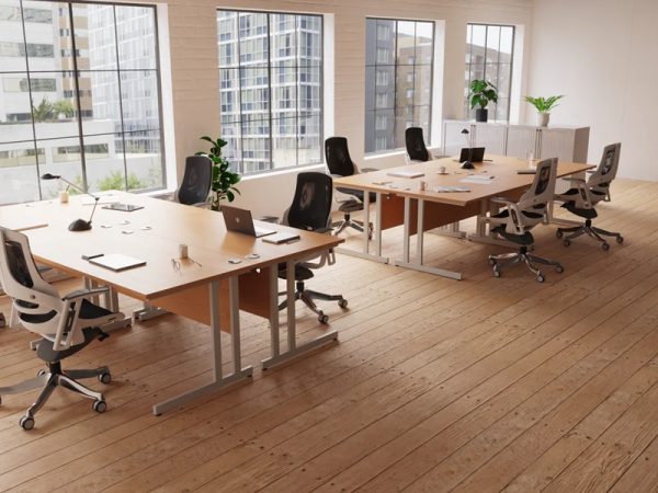 office scene with cantilever leg frame office desks.