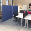 office screen blue fabric in office room set with white desks and black office chairs