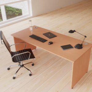 panel end office desk with black leather office chair