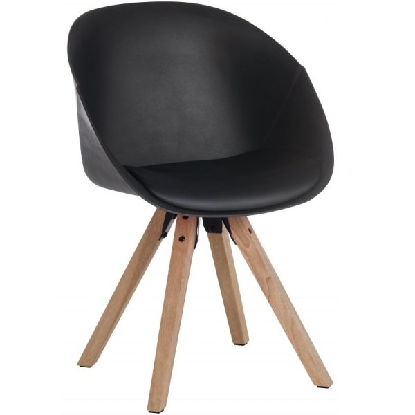 reception tub visitors chair in black leather with wood frame