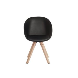 reception chair with black leather seat and wooden frame. front view