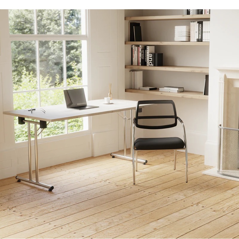 rectangular meeting tables in window of office with mesh back meeting chair