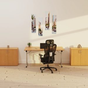 rectangular office meeting table with mesh back office chair and 2 office storage cupboards