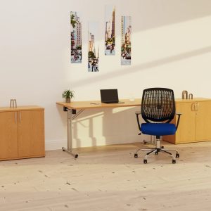 rectangular office meeting table with office chair and 2 office storage cupboards