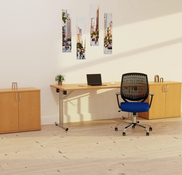 rectangular office meeting table with office chair and 2 office storage cupboards