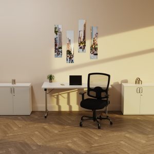 rectangular folding meeting table white with black mesh back office chair and 2 office storage cupboards