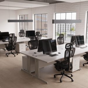 room-shot-of-office-with-3-drawer-under-desk-pedestals-white-and-white-desks.-With-black-mesh-back-chairs