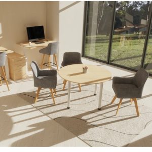 round table in office with grey fabric meeting chairs, height adjustable desks and stools