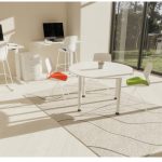 round meeting table white in office with white meeting chairs, height adjustable desks and stools