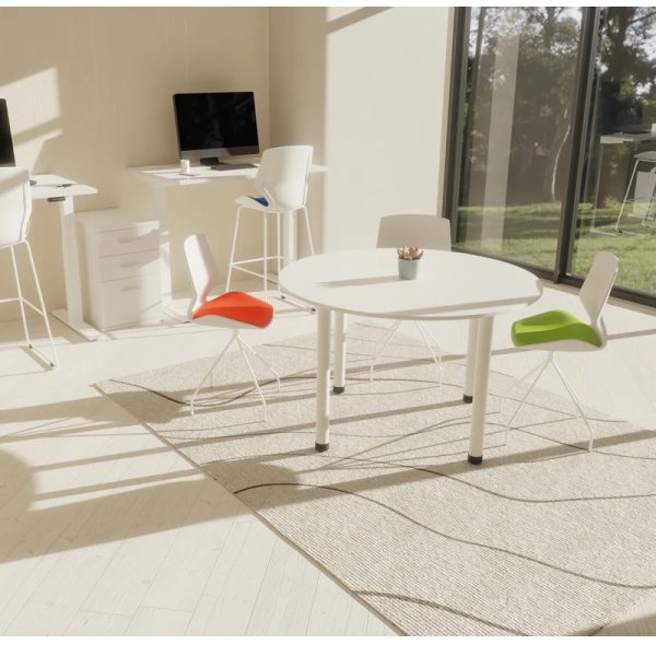 round meeting table white in office with white meeting chairs, height adjustable desks and stools