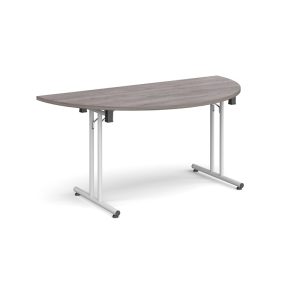 semi circular meeting table with grey oak table top and white frame