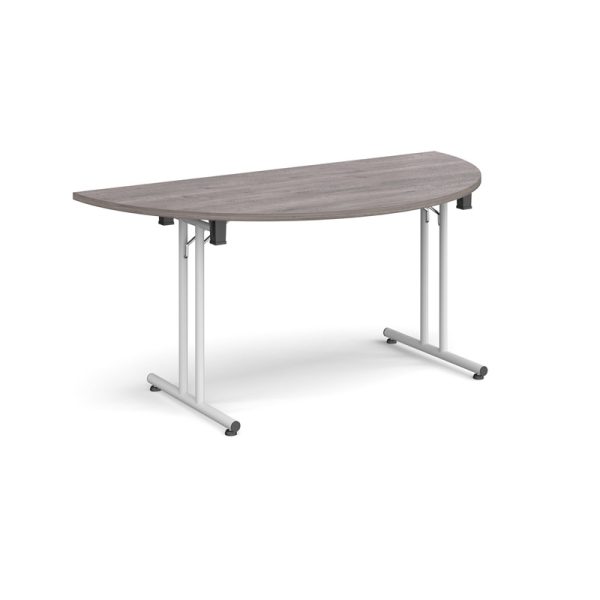semi circular meeting table with grey oak table top and white frame
