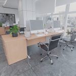 side filer in city office by office desks with view of city out of window