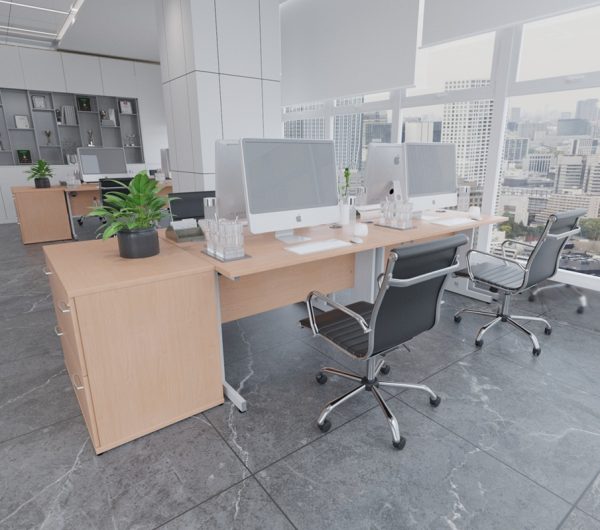 side filer in city office by office desks with view of city out of window