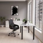 side file white in office with office desk with white desk top and black office chair