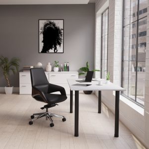 side file white in office with office desk with white desk top and black office chair
