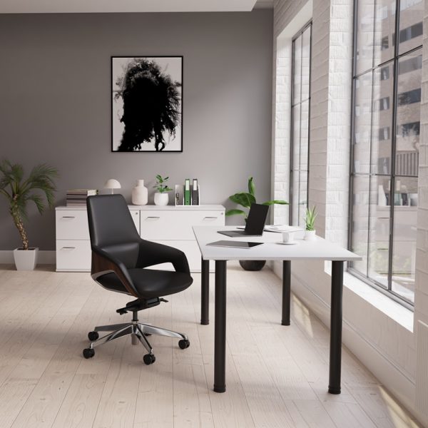 side file white in office with office desk with white desk top and black office chair