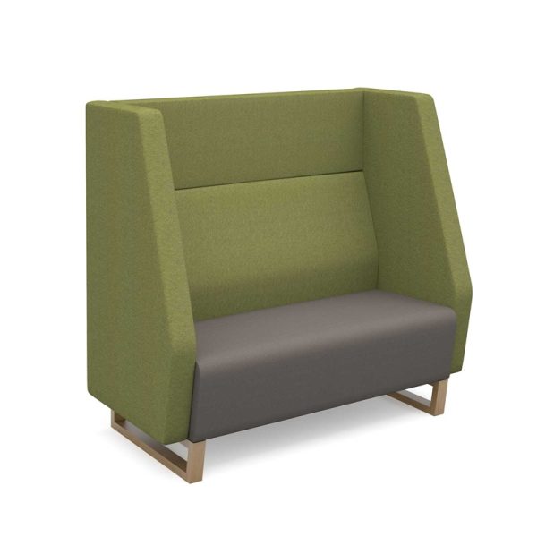 social space sofa with wooden sled frame in green and grey fabric