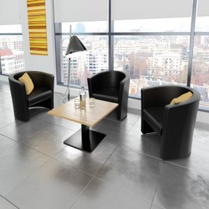 tub chairs in black leather in reception by window with city view