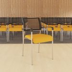 visitor chair with black mesh back and yellow seat with chrome leg frame