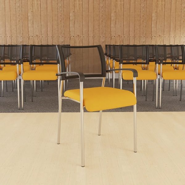 visitor chair with black mesh back and yellow seat with chrome leg frame