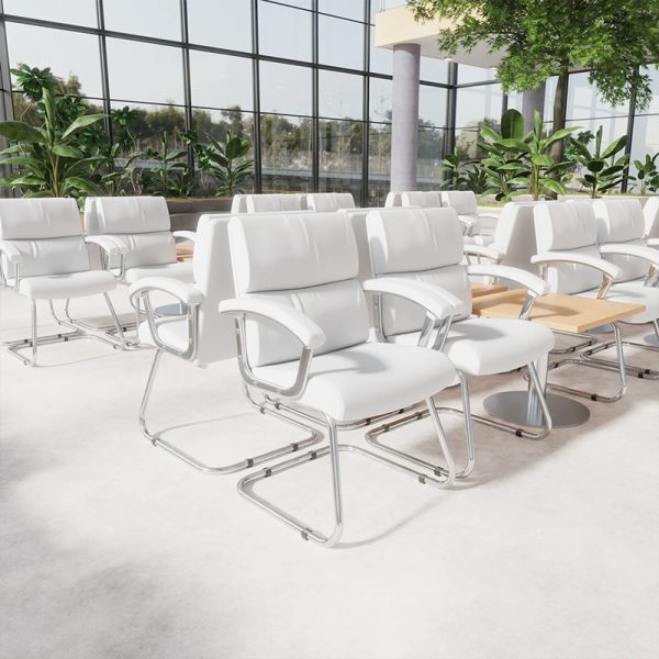 visitor chair in white leather with chrome cantilever frame