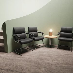 visitor chair in black leather with chrome cantilever frame in reception