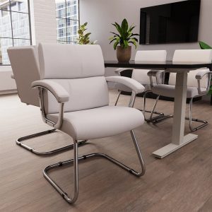 visitor chair in white leather and chrome cantilever frame in office