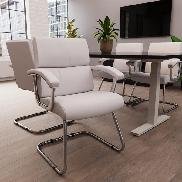 visitor chair in white leather and chrome cantilever frame in office