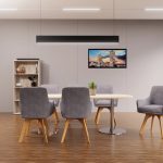 visitor chair grey fabric with wooden legs around a meeting table