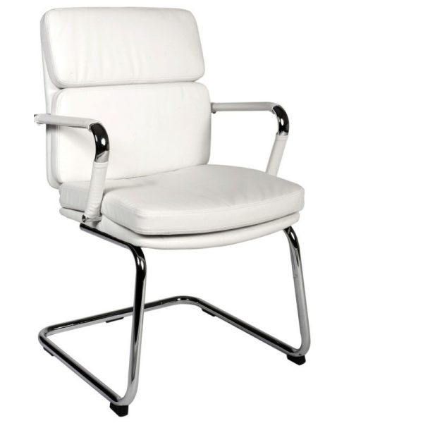 visitor chair in white leather with a chrome cantilever frame