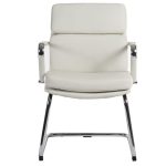 visitor chair in white leather with chrome cantilever frame. front view