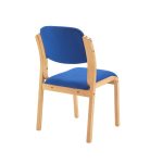 visitor chair with wood frame and blue fabric seat. Back view