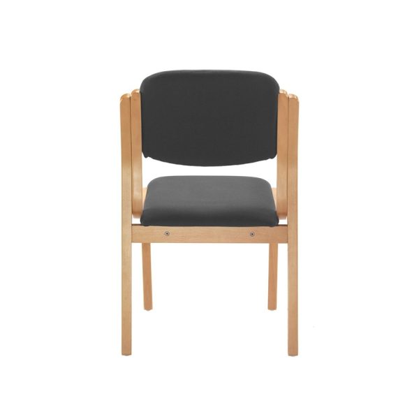 visitor chair with wood frame and charcoal fabric seat. Back view