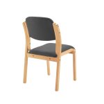 visitor chair with wood frame and charcoal fabric seat. Back view