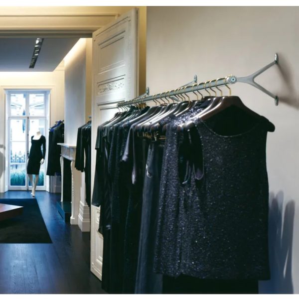 wall mounted chrome coat rail in shop