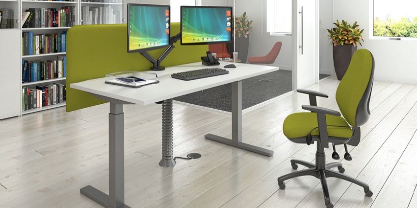 office desk with green office screen and office chair in green fabric