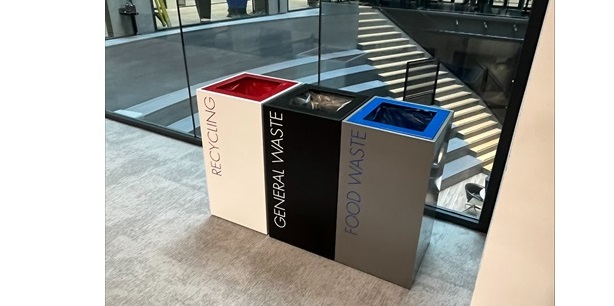 white office recycling bin with black office recycling bin and grey office recycling bin with coloured lettering and tops