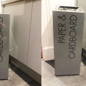 grey office recycling bins with black lettering paper & cardboard