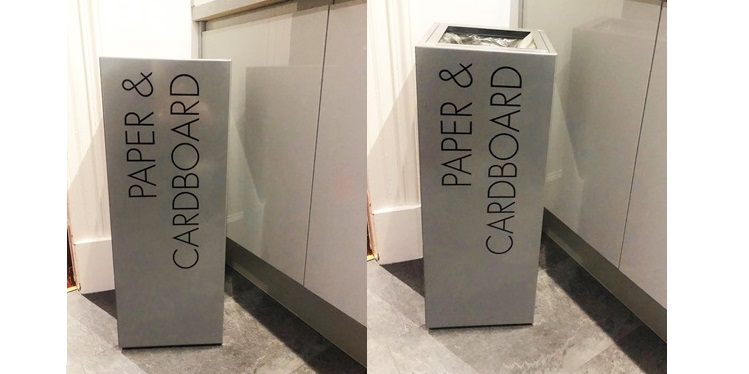 grey office recycling bins with black lettering paper & cardboard