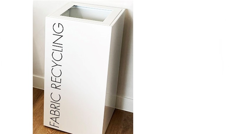 white office recycling bin with fabric recycling lettering in black