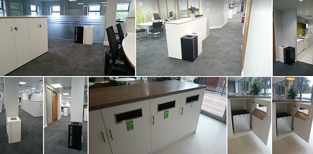 office recycling bins in various office set ups.