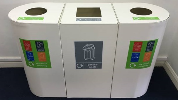 office recycling bins in row of 3 with customised stickers