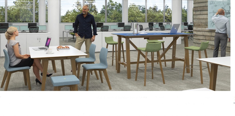 office space for hybrid working. People meeting around table