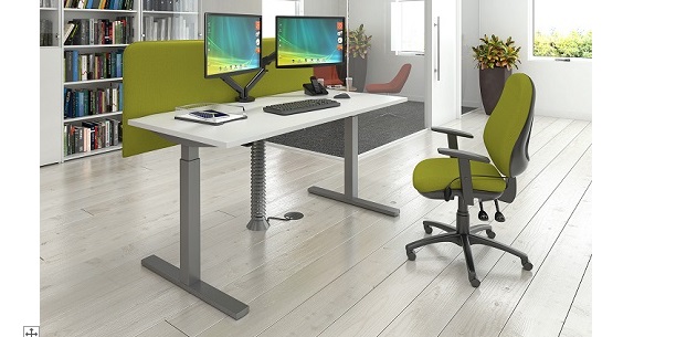 sit stand desk and green fabric office chair