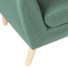 close up of end of green fabric reception sofa with wooden feet