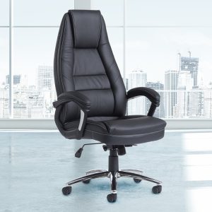 Black leather high back managers chair with city view through window behind