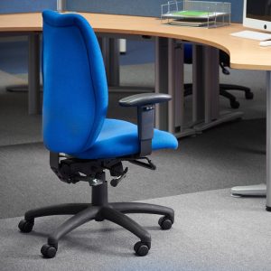 operator office chair with blue fabric in front of office desk