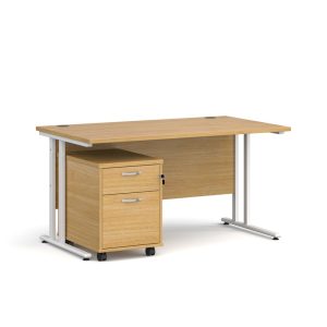 office desk in white oak with white cantilever leg frame. Including 2 drawer under desk filing pedestal